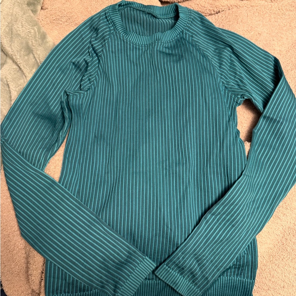 lululemon athletica blue/ green Striped Crewneck Top